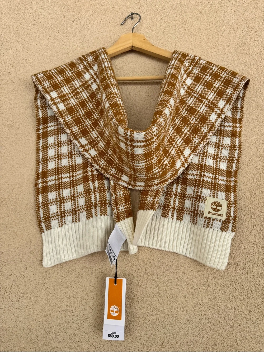 🆕Timberland wheat/cream plaid, Tartan knit scarf